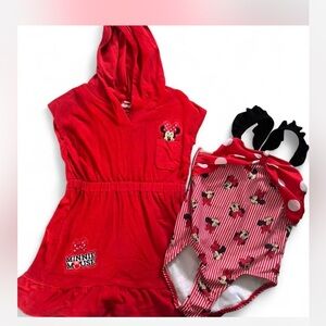 Red Minnie Mouse Hooded coverup and Swimsuit Set size 6/7